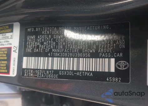 2011 Toyota Avalon Base z USA, uszkodzony, nr VIN 4T1BK3DB2BU396956